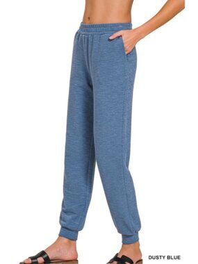 NEW Zenana Cotton Slub Jogger Pants S M L Dusty Blue Lounge Joggers